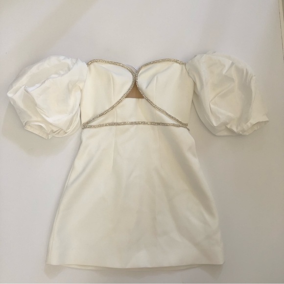 self-portrait White Bonded Crepe Puff Sleeve Mini Dress Wedding - Picture 7 of 11